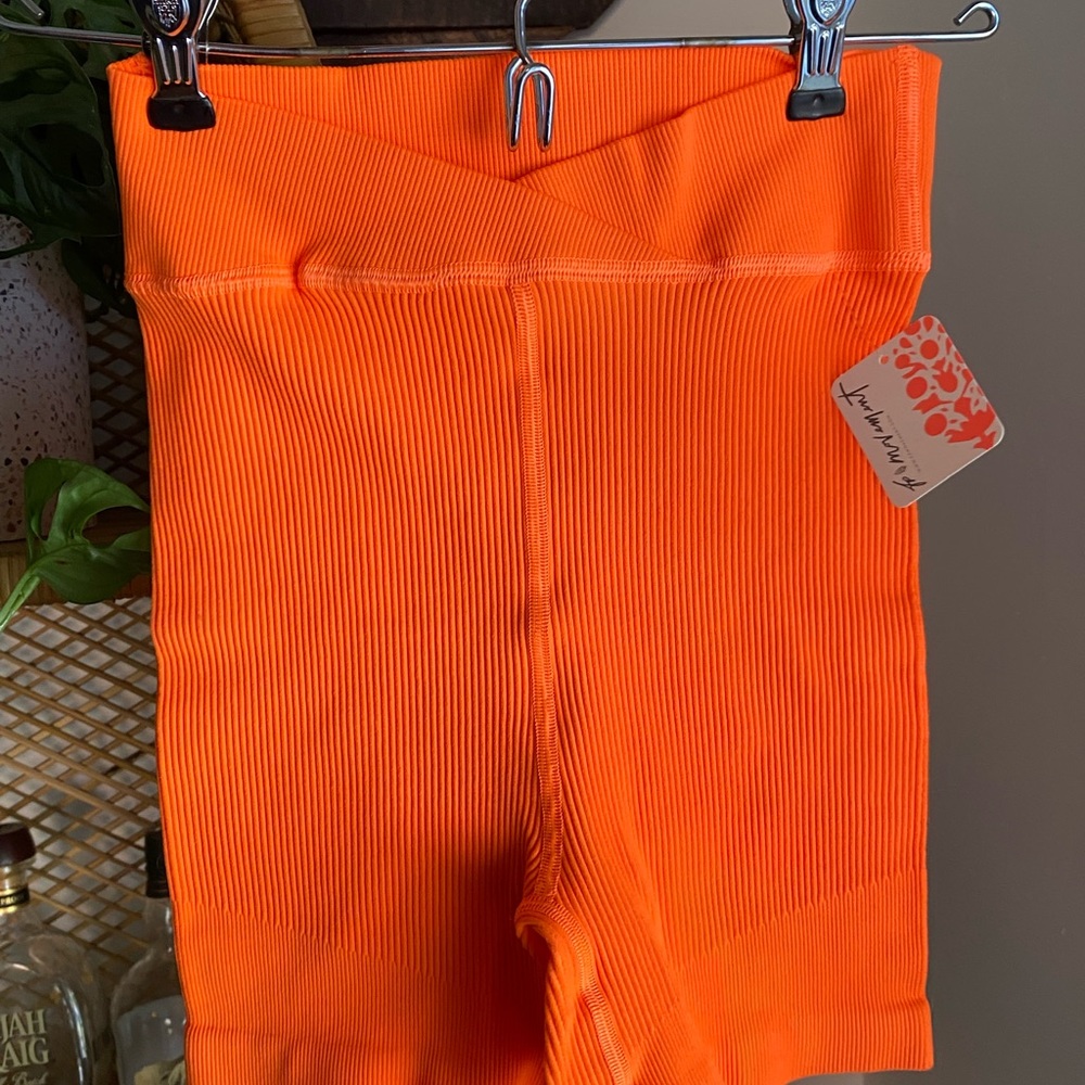 Free People Neon Orange Ribbed Athletic Bike Shorts